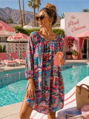 Rosa Faia Papanui Tropical Surfboard Print Viscose Cover Up Tunic Dress L XL